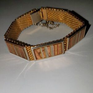 A Mesh And Textured Metal Panel Bracelet Vintage Costume Jewelry Tri-Colored
